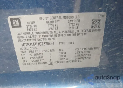 2016 GMC Sierra 1500 from USA, damaged, VIN 1GTR1LEH1GZ370884